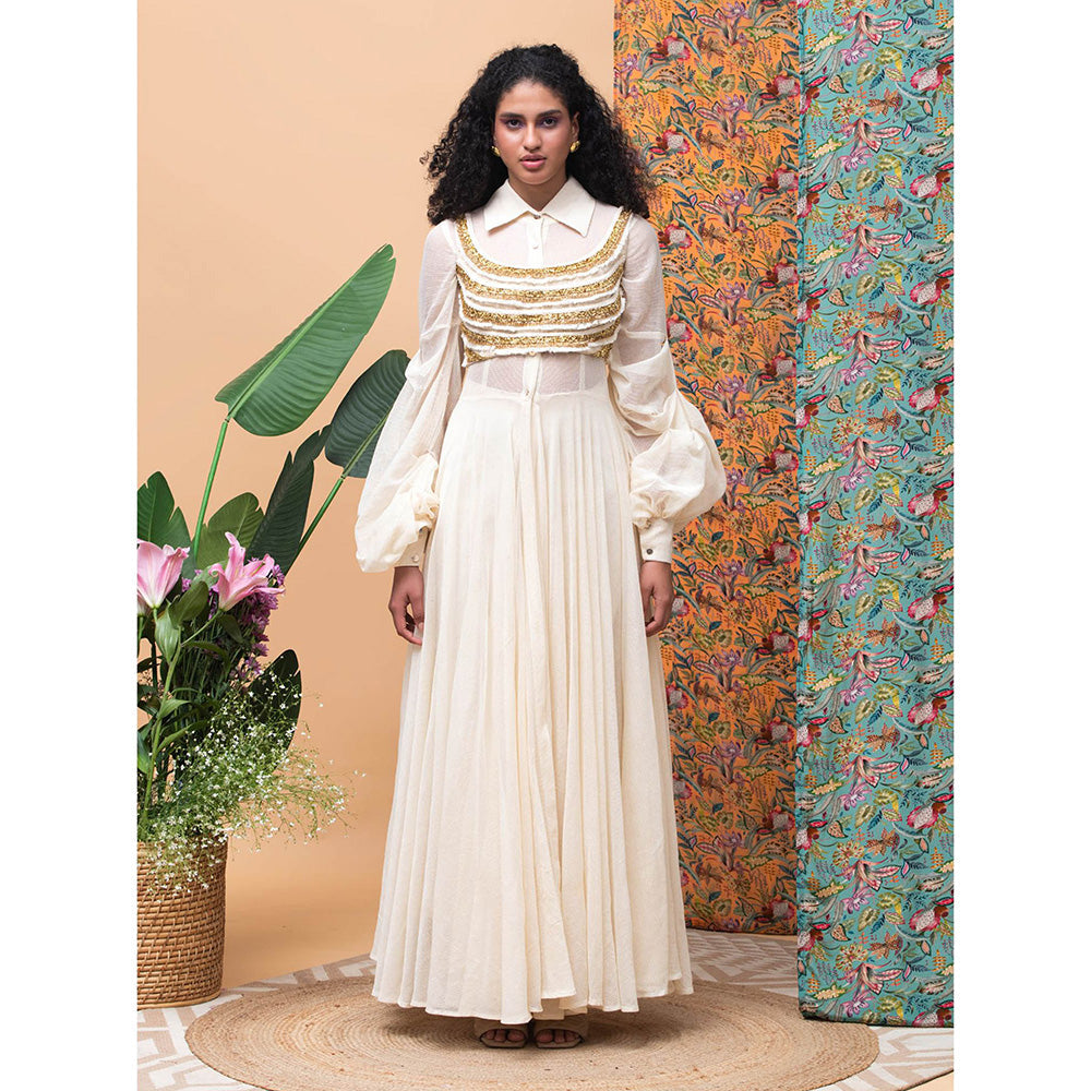 RISHI & VIBHUTI Kellen Ivory Blouse & Pant (Set of 3)