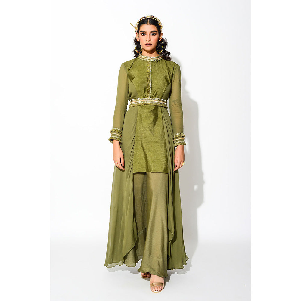 Rishi & Vibhuti Olive Mirror Work Tunic Kurti with Palazzo and Belt (Set of 3)