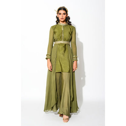 Rishi & Vibhuti Olive Mirror Work Tunic Kurti with Palazzo and Belt (Set of 3)