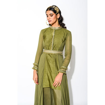 Rishi & Vibhuti Olive Mirror Work Tunic Kurti with Palazzo and Belt (Set of 3)