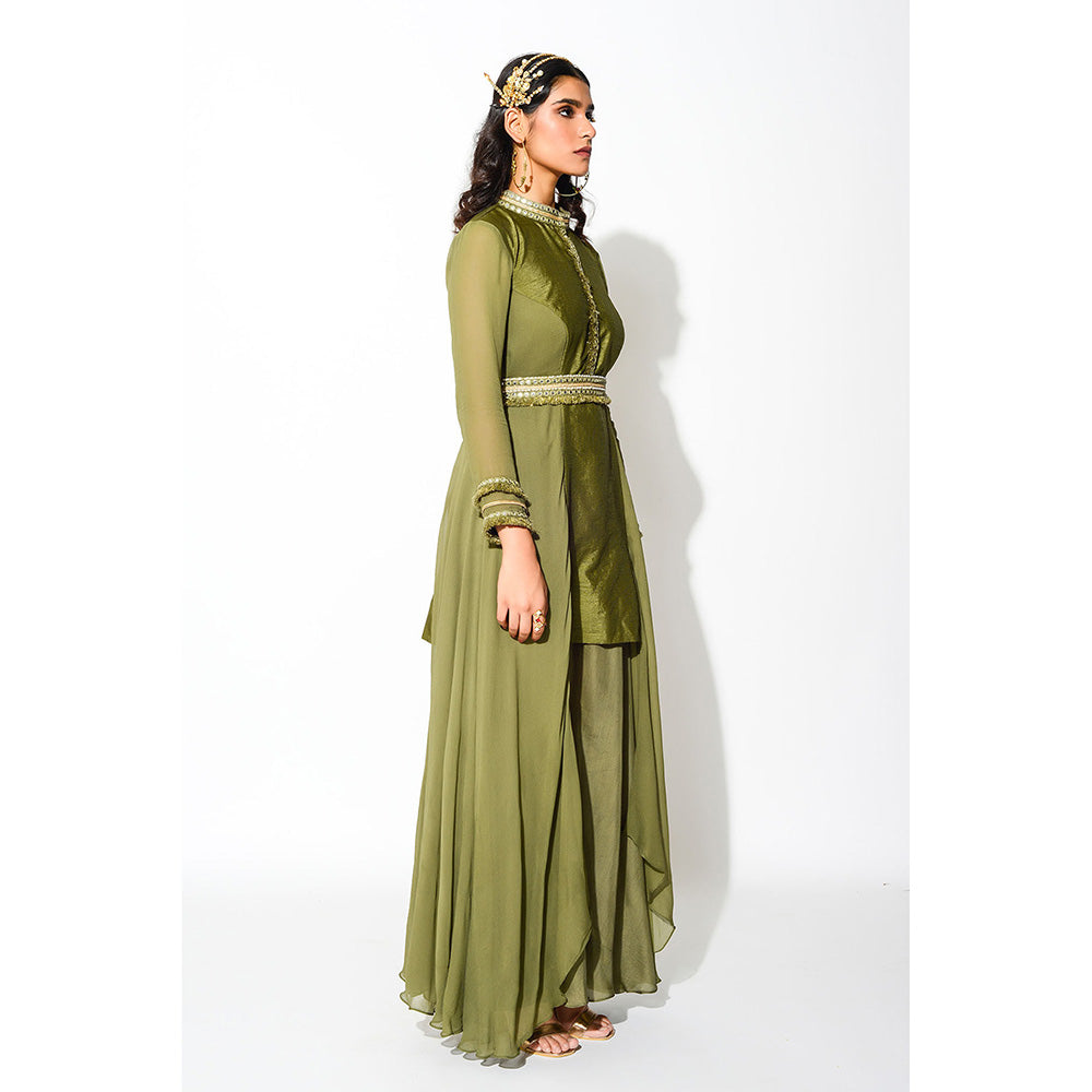 Rishi & Vibhuti Olive Mirror Work Tunic Kurti with Palazzo and Belt (Set of 3)