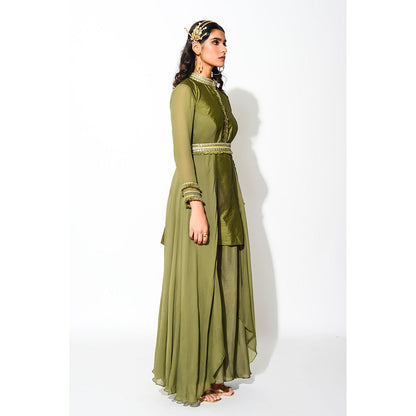 Rishi & Vibhuti Olive Mirror Work Tunic Kurti with Palazzo and Belt (Set of 3)