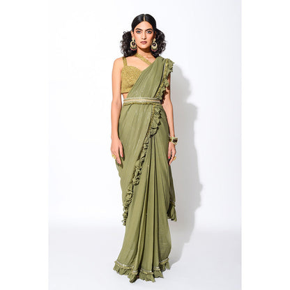 Rishi & Vibhuti Olive & Gold Six Yards Saree with Stitched Blouse & Belt
