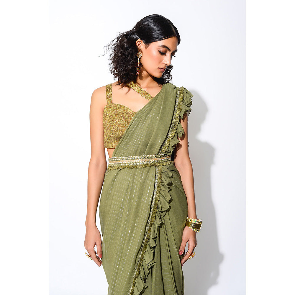 Rishi & Vibhuti Olive & Gold Six Yards Saree with Stitched Blouse & Belt