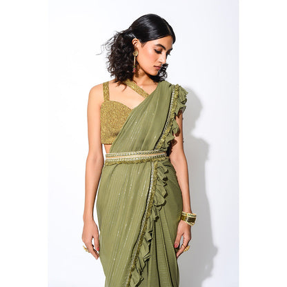 Rishi & Vibhuti Olive & Gold Six Yards Saree with Stitched Blouse & Belt