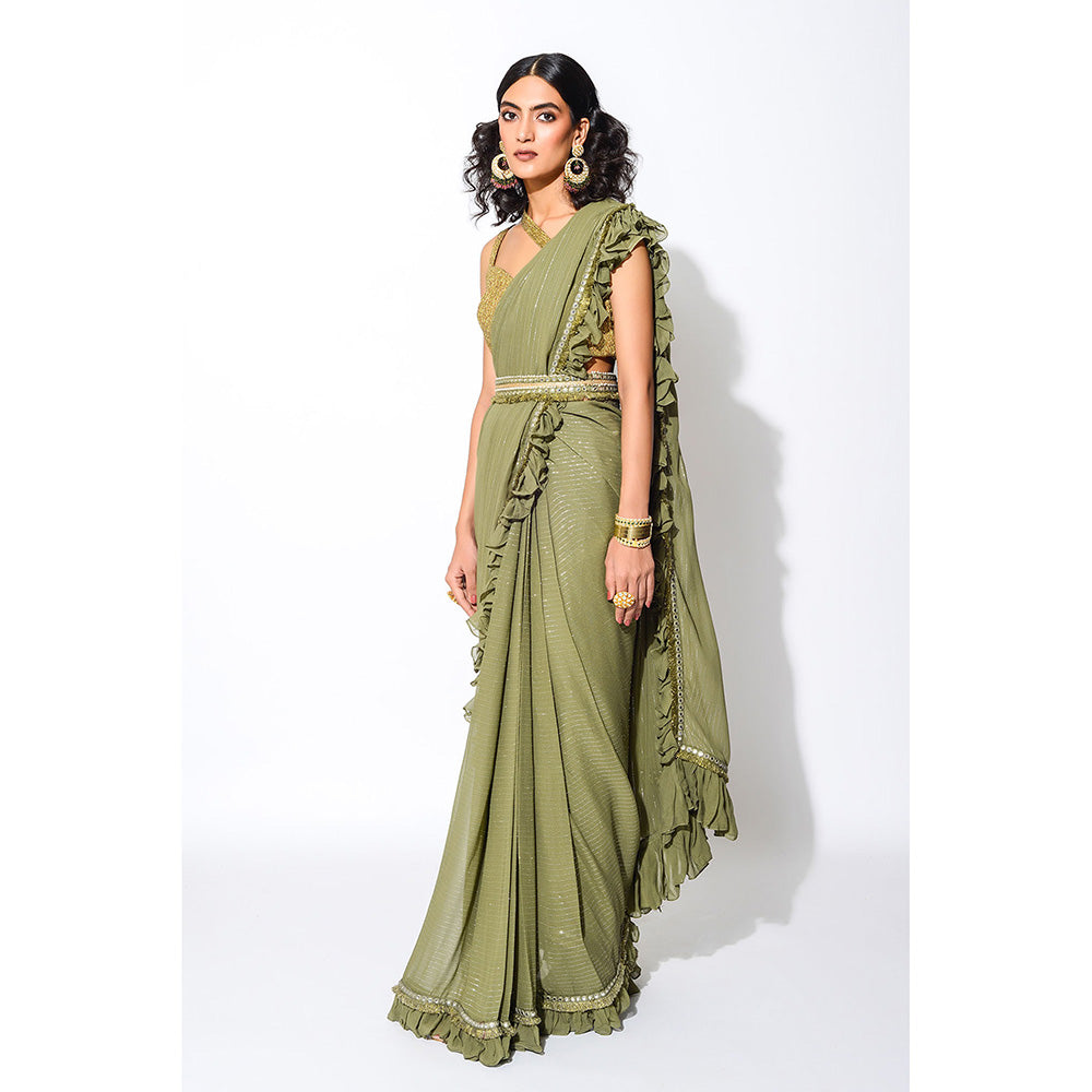 Rishi & Vibhuti Olive & Gold Six Yards Saree with Stitched Blouse & Belt