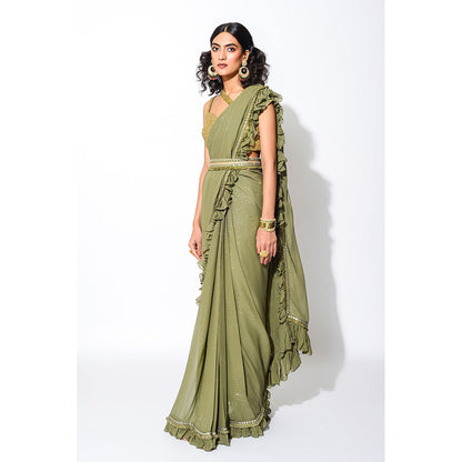 Rishi & Vibhuti Olive & Gold Six Yards Saree with Stitched Blouse & Belt