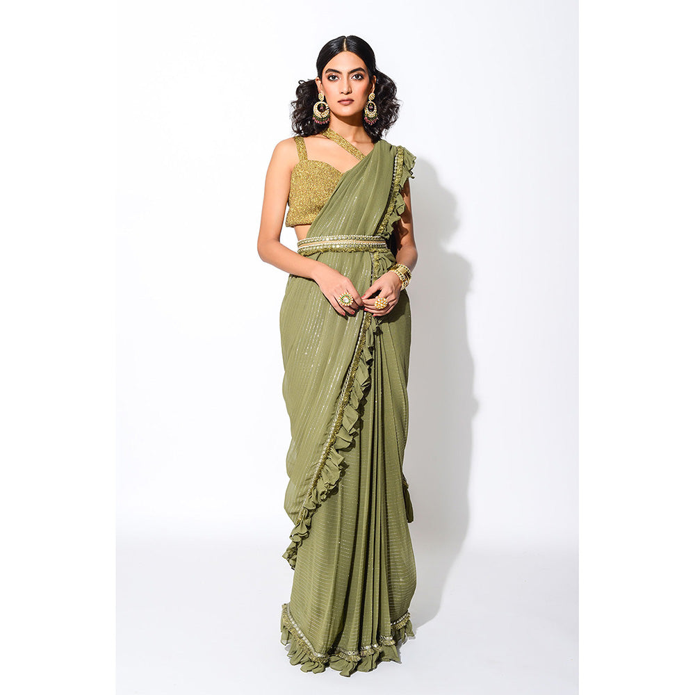 Rishi & Vibhuti Olive & Gold Six Yards Saree with Stitched Blouse & Belt