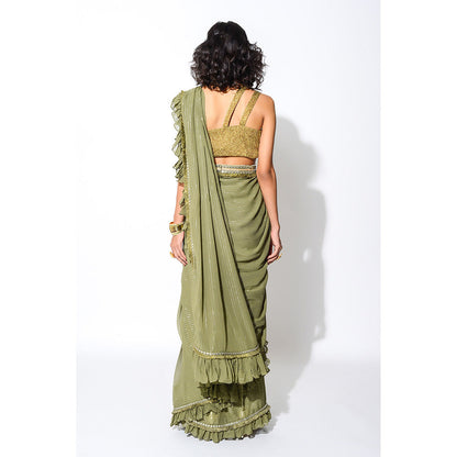 Rishi & Vibhuti Olive & Gold Six Yards Saree with Stitched Blouse & Belt