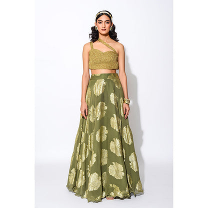 Rishi & Vibhuti Olive & Gold Circular Skirt and Blouse (Set of 2)