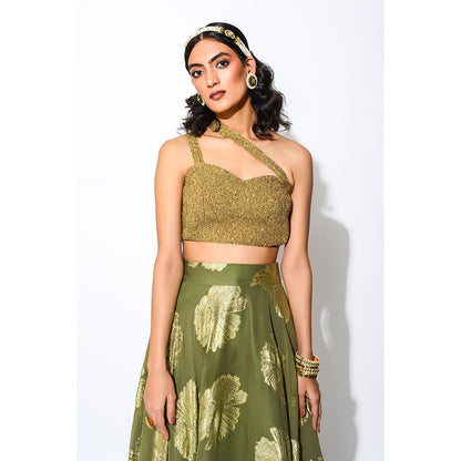 Rishi & Vibhuti Olive & Gold Circular Skirt and Blouse (Set of 2)