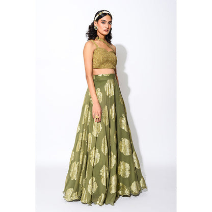 Rishi & Vibhuti Olive & Gold Circular Skirt and Blouse (Set of 2)