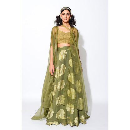 Rishi & Vibhuti Olive & Gold Circular Skirt with Blouse & Cape (Set of 3)