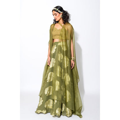 Rishi & Vibhuti Olive & Gold Circular Skirt with Blouse & Cape (Set of 3)