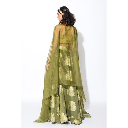 Rishi & Vibhuti Olive & Gold Circular Skirt with Blouse & Cape (Set of 3)