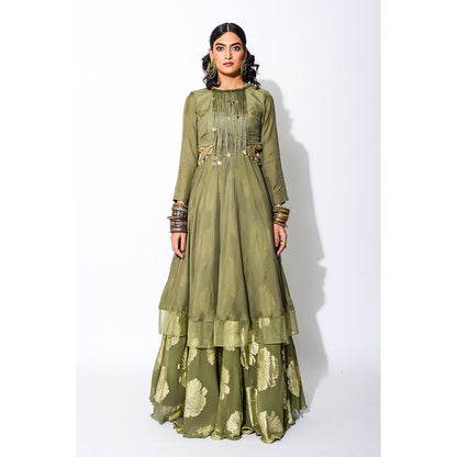 Rishi & Vibhuti Olive Green Short Anarkali & Circular Skirt (Set of 2)