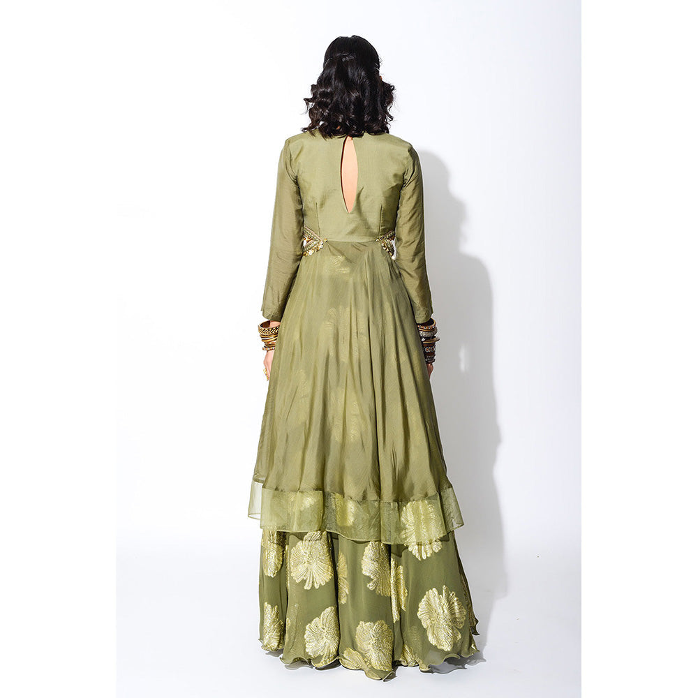Rishi & Vibhuti Olive Green Short Anarkali & Circular Skirt (Set of 2)