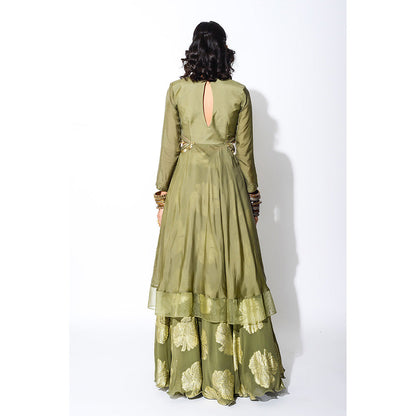 Rishi & Vibhuti Olive Green Short Anarkali & Circular Skirt (Set of 2)