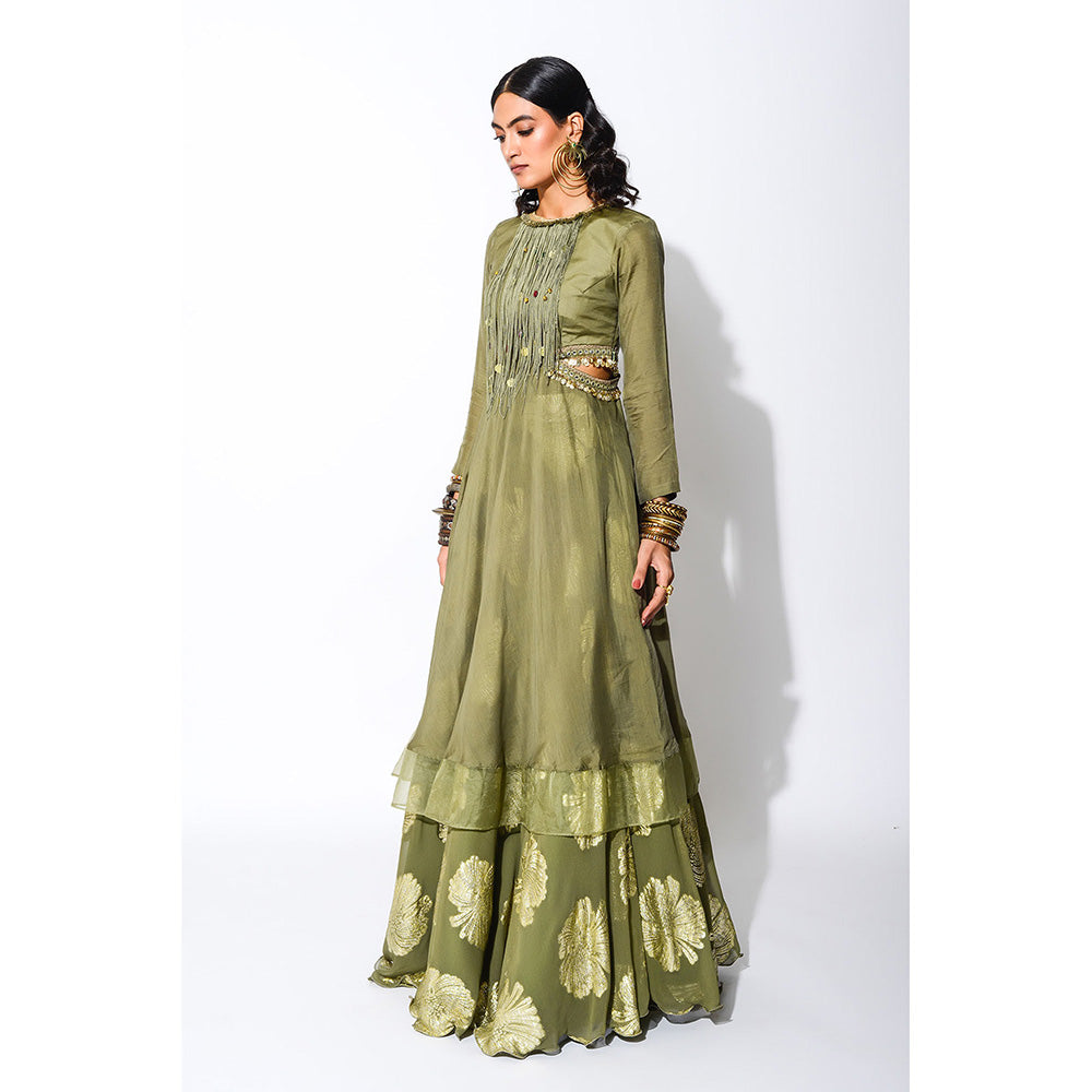 Rishi & Vibhuti Olive Green Short Anarkali & Circular Skirt (Set of 2)