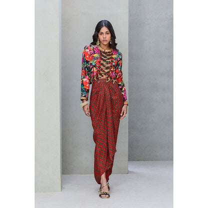 Rishi & Vibhuti Zig Zag Crimson Jacket with Skirt (Set of 2)