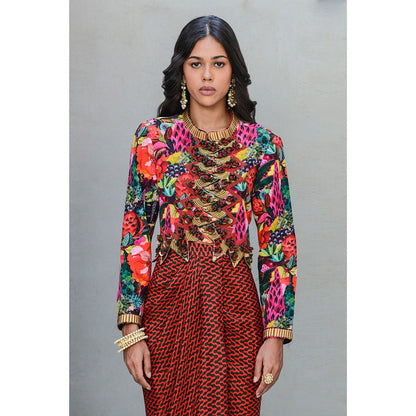 Rishi & Vibhuti Zig Zag Crimson Jacket with Skirt (Set of 2)