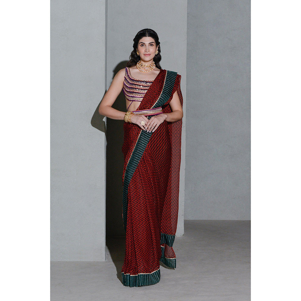 Rishi & Vibhuti Forest Saree with Stitched Blouse and Belt (Set of 3)