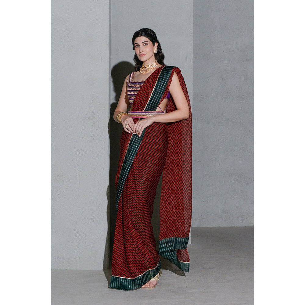 Rishi & Vibhuti Forest Saree with Stitched Blouse and Belt (Set of 3)
