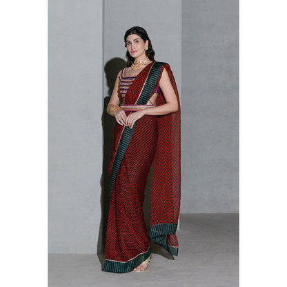 Rishi & Vibhuti Forest Saree with Stitched Blouse and Belt (Set of 3)