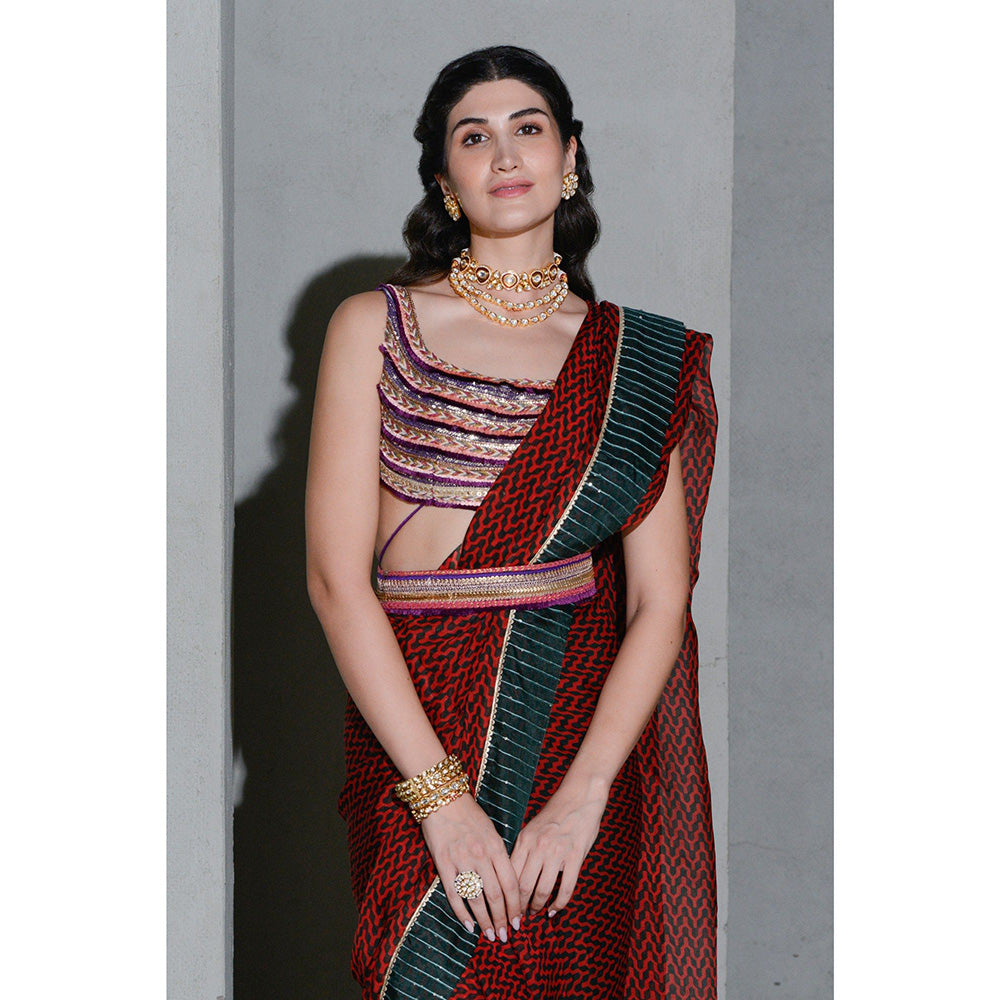 Rishi & Vibhuti Forest Saree with Stitched Blouse and Belt (Set of 3)