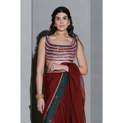 Rishi & Vibhuti Forest Saree with Stitched Blouse and Belt (Set of 3)