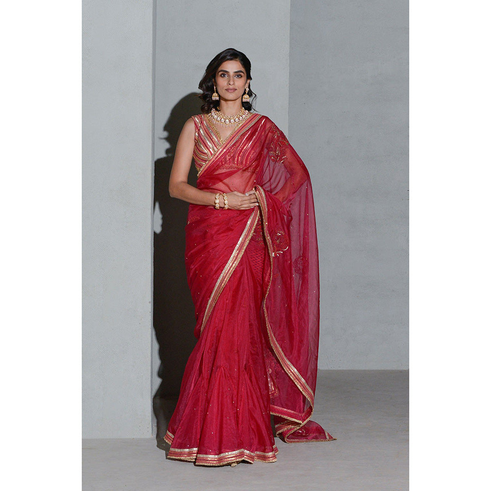 Rishi & Vibhuti Crimson Lush Saree with Stitched Blouse and Petticoat (Set of 3)