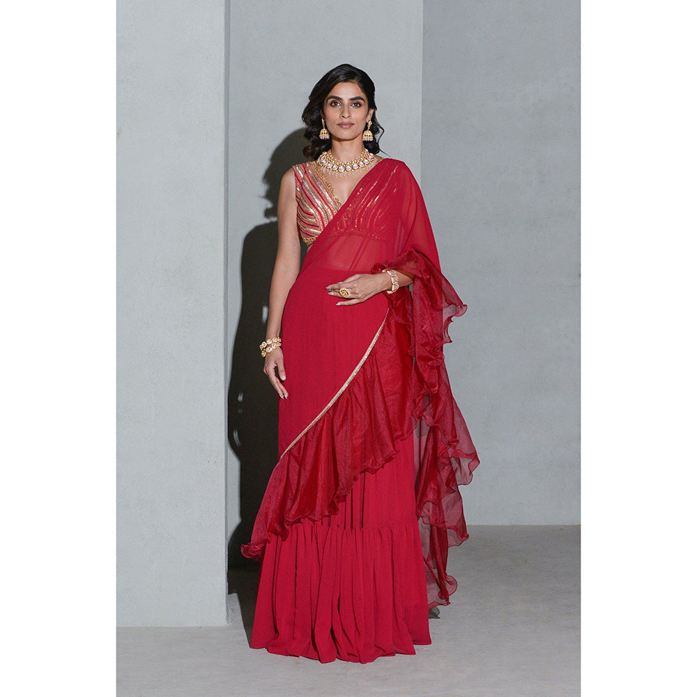 Rishi & Vibhuti Crimson Gales Lehanga Saree with Stitched Blouse
