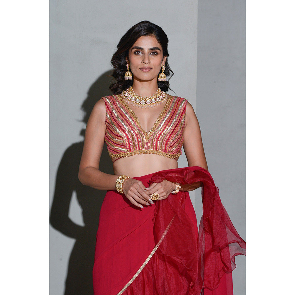 Rishi & Vibhuti Crimson Gales Lehanga Saree with Stitched Blouse