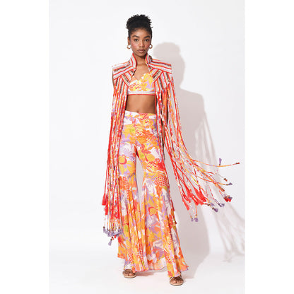 Rishi & Vibhuti Orange Rio Revelry Crop Top With Pant And Jacket (Set of 3)