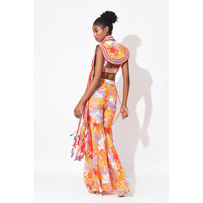 Rishi & Vibhuti Orange Rio Revelry Crop Top With Pant And Jacket (Set of 3)