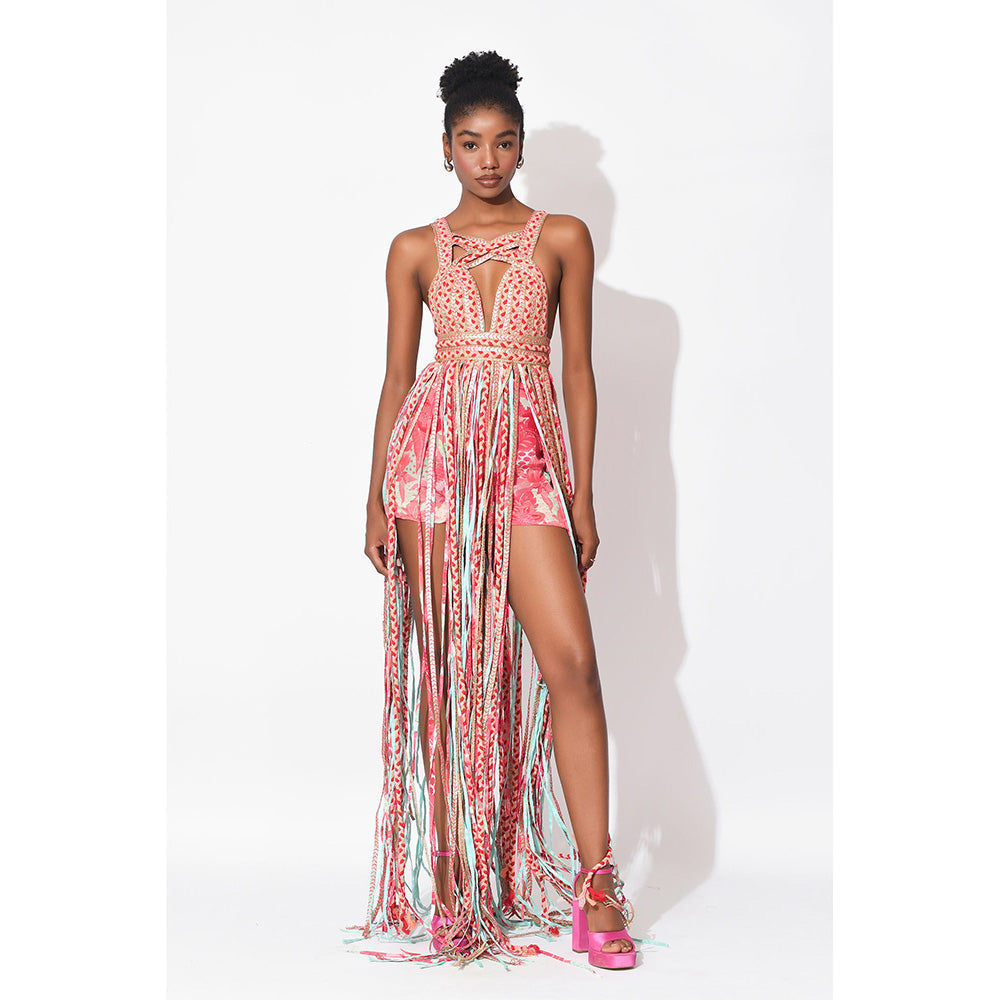 Rishi & Vibhuti Pink Alaya Tassel Dress With Shorts (Set of 2)