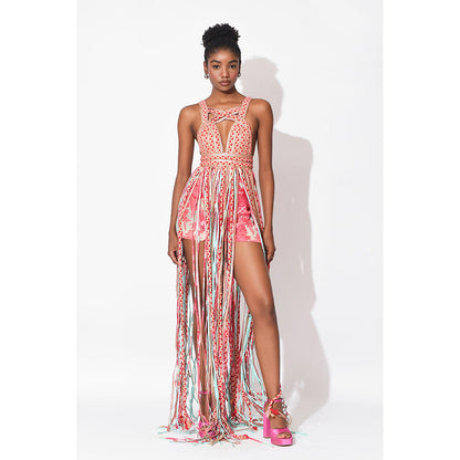 Rishi & Vibhuti Pink Alaya Tassel Dress With Shorts (Set of 2)