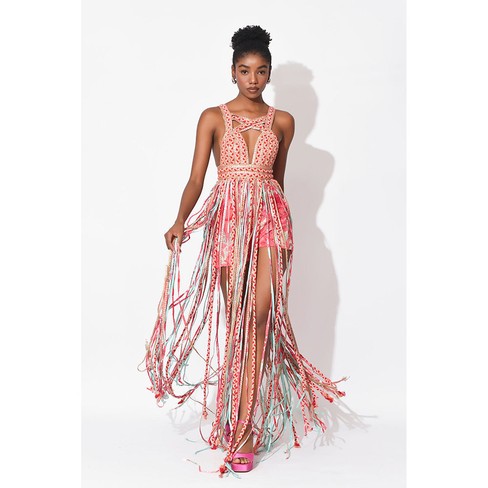 Rishi & Vibhuti Pink Alaya Tassel Dress With Shorts (Set of 2)