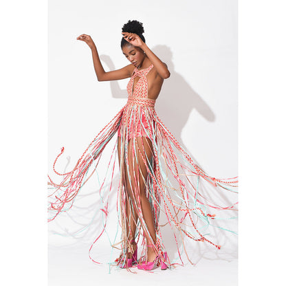 Rishi & Vibhuti Pink Alaya Tassel Dress With Shorts (Set of 2)