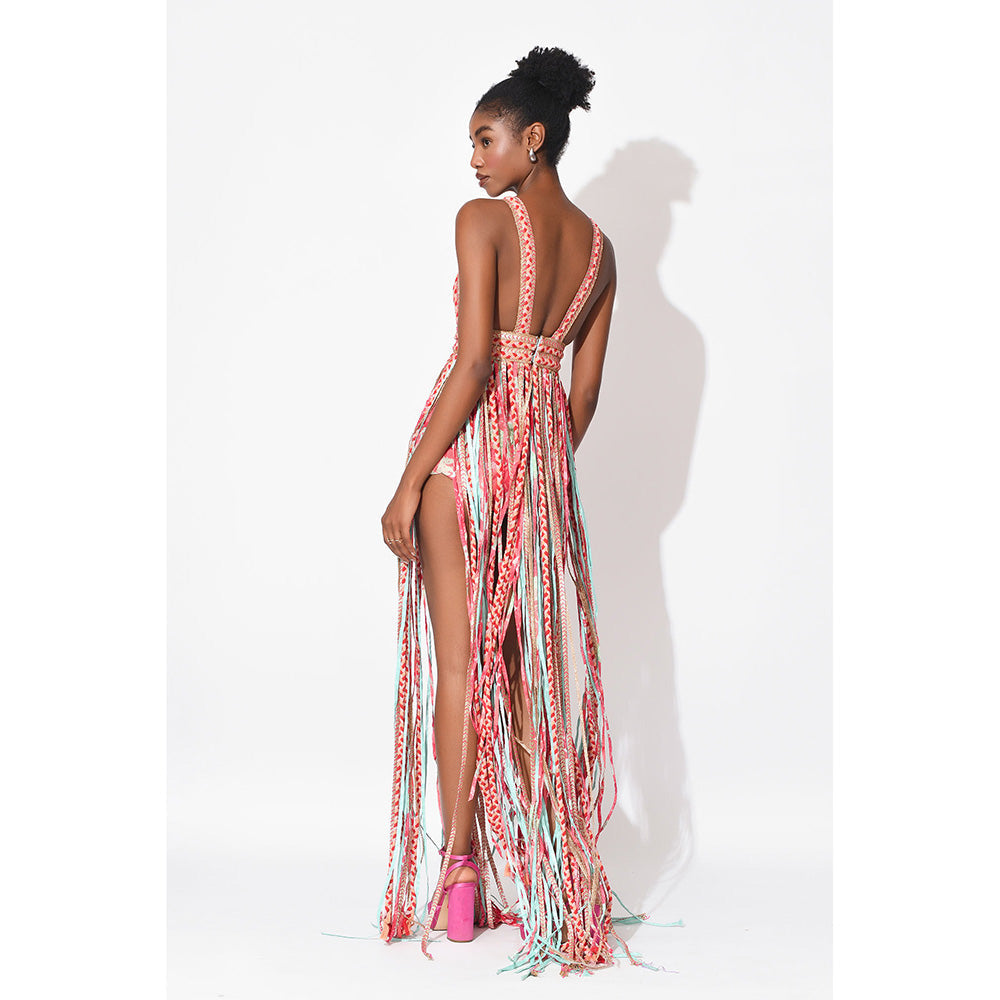 Rishi & Vibhuti Pink Alaya Tassel Dress With Shorts (Set of 2)