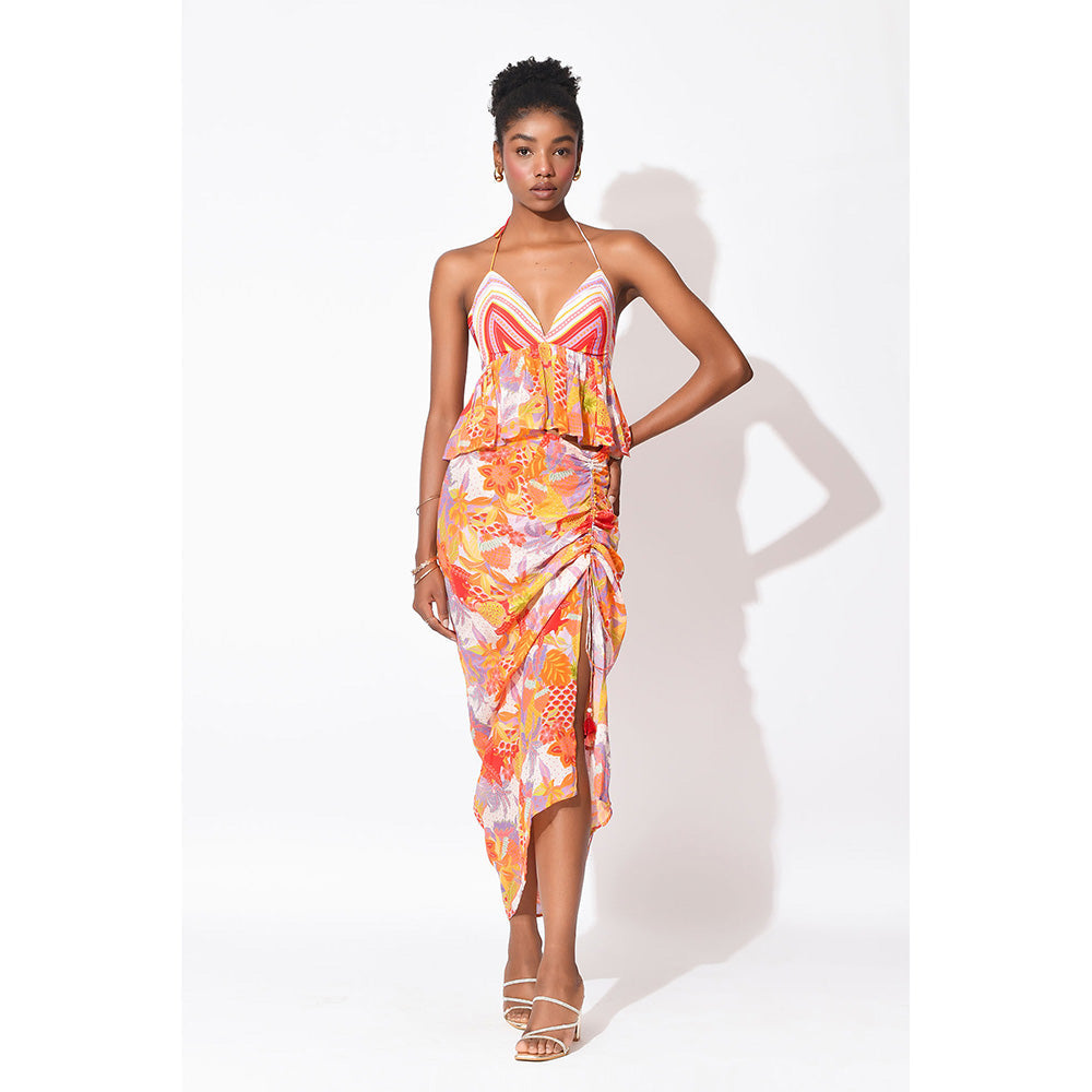 Rishi & Vibhuti Orange Sway Symphony Top With Skirt (Set of 2)