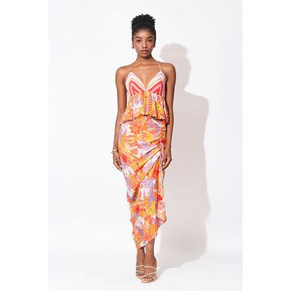 Rishi & Vibhuti Orange Sway Symphony Top With Skirt (Set of 2)