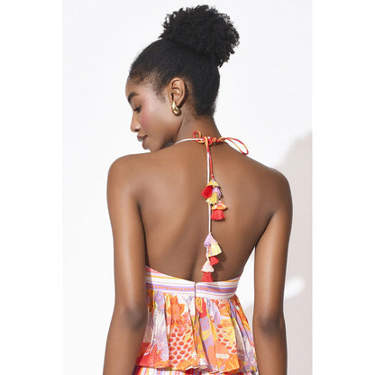 Rishi & Vibhuti Orange Sway Symphony Top With Skirt (Set of 2)