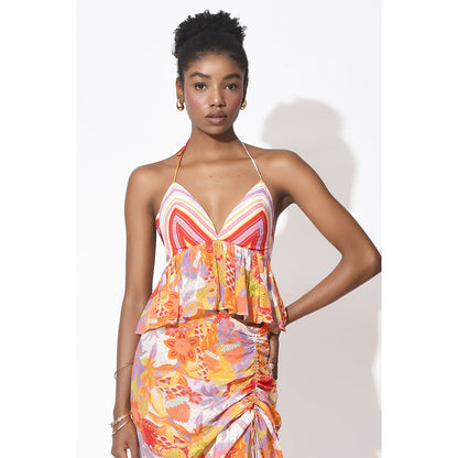 Rishi & Vibhuti Orange Sway Symphony Top With Skirt (Set of 2)