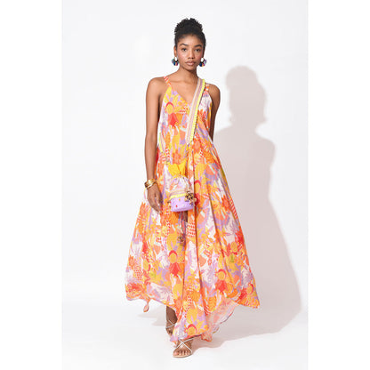 Rishi & Vibhuti Orange Caribe Chic Dress With Potli Bag (Set of 2)