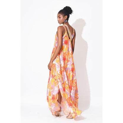 Rishi & Vibhuti Orange Caribe Chic Dress With Potli Bag (Set of 2)