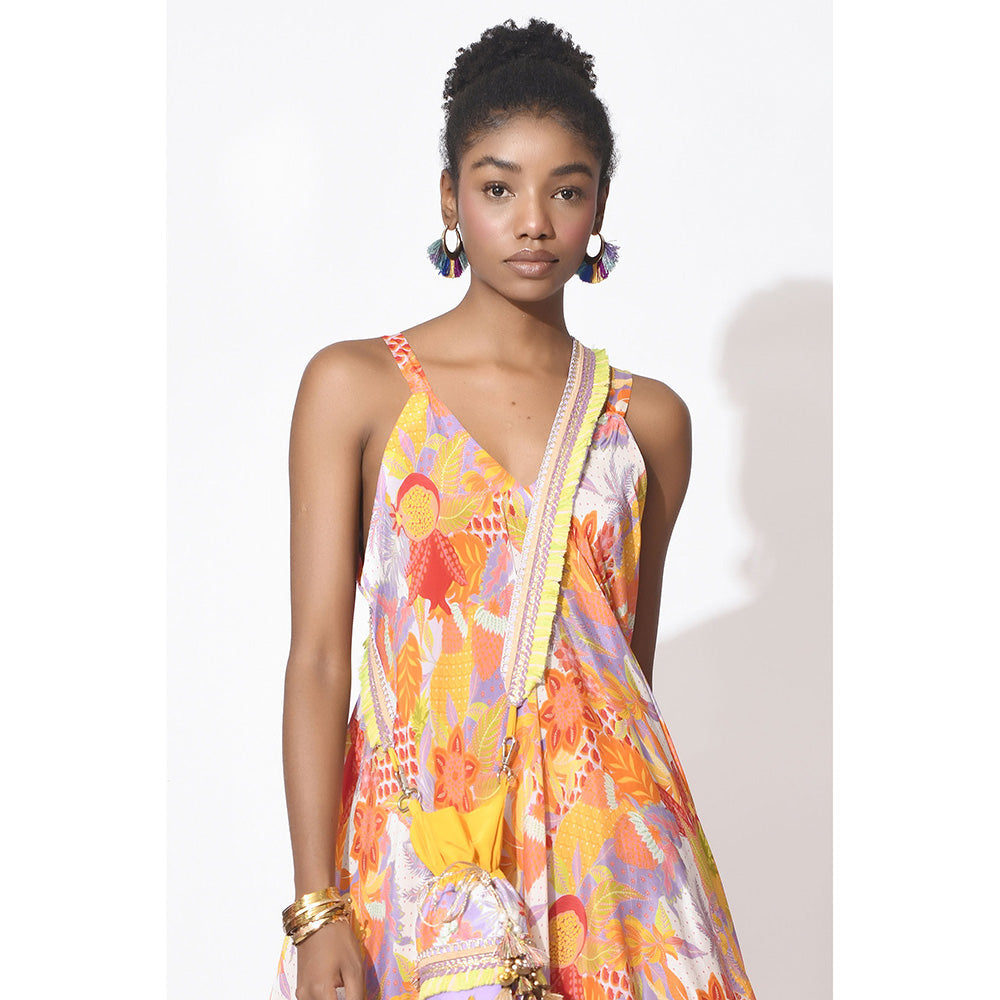 Rishi & Vibhuti Orange Caribe Chic Dress With Potli Bag (Set of 2)