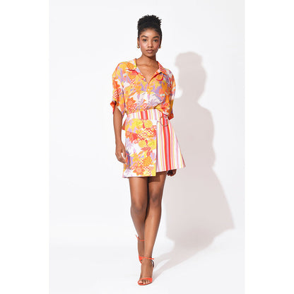 Rishi & Vibhuti Orange Mini Duo Shirt With Skirt (Set of 2)