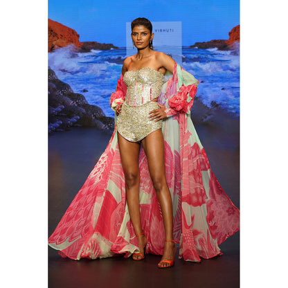 Rishi & Vibhuti Pink Seashore Top With Shorts And Shrug (Set of 3)