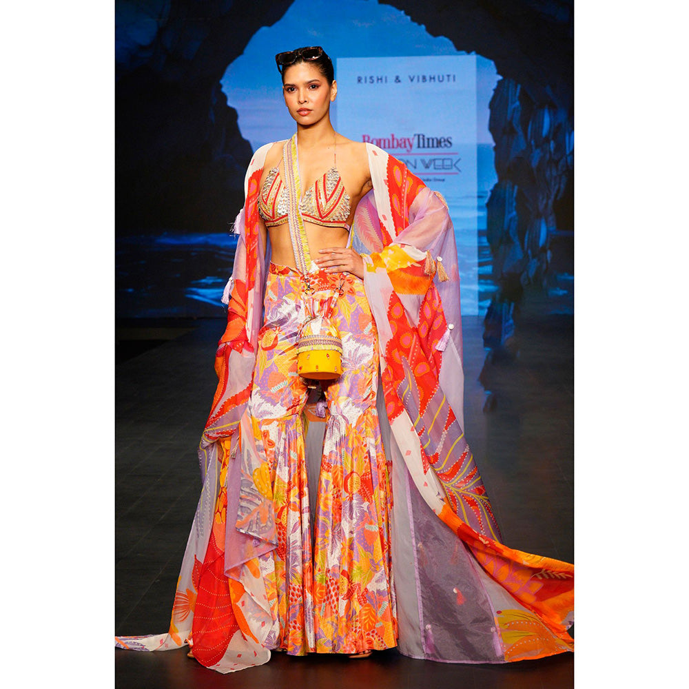 Rishi & Vibhuti Orange Sunset Charm Top With Pant And Shrug (Set of 3)